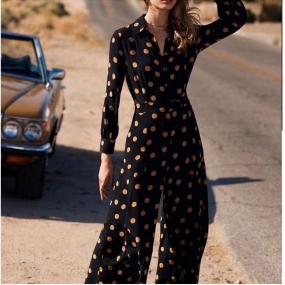 BY ANTHROPOLOGIE | Loveland Black & Gold Polka Dot Jumpsuit Women’s Size 4